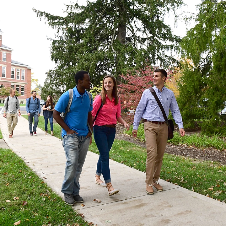 Students walking along a wooded sidewalk.