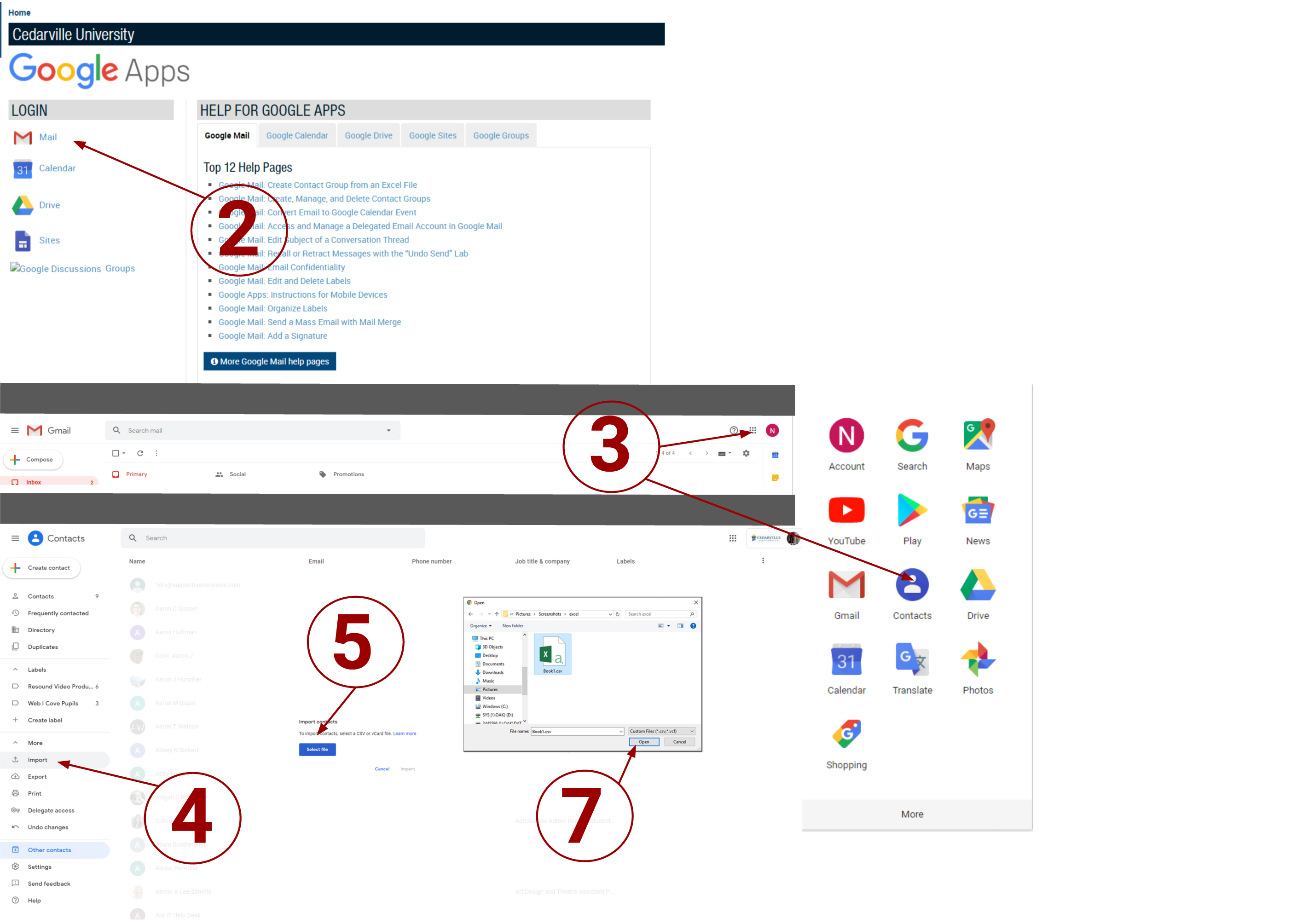 Screenshot of google screens with numbers coorelating to the instructions below.