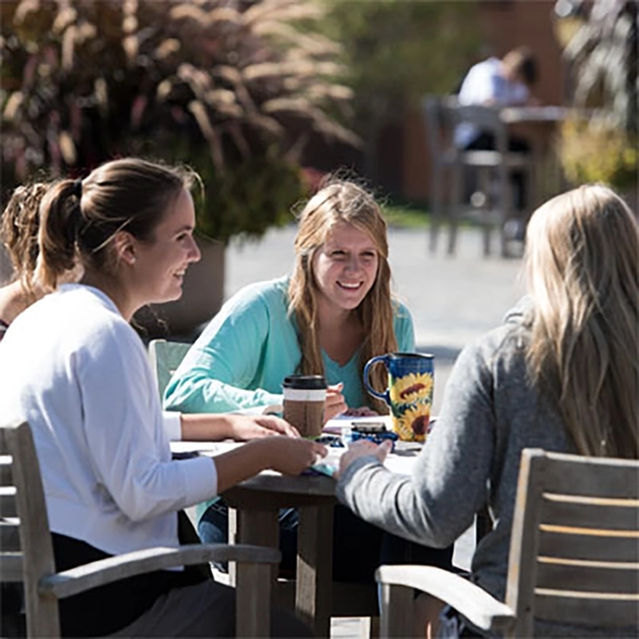 Female students studying at outdoor table on a patio.