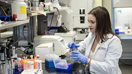 Female pharmacy student working in the lab.