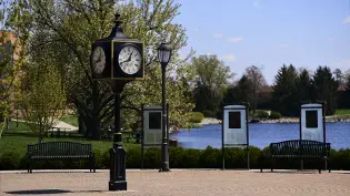 Cedarville University's clock between the lake and the SSC