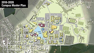 Overhead view of the campus showing indicators of the master plan initiatives