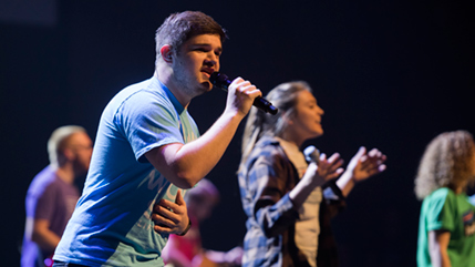 Students leading worship during Cedarville University chapel service