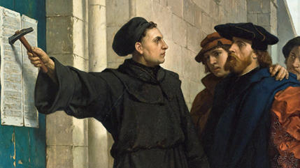 Painting depicting Luther nailing 95 Theses to door