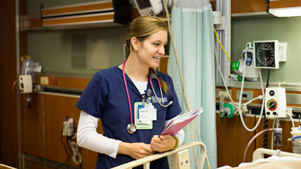 Nursing student talks to off-camera patient