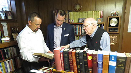 Dr. Jason Lee, dean of the School of Biblical and Theological Studies at Cedarville University, Dr. Thomas White, president of Cedarville University, and Dr. Warren Wiersbe, prolific author, former Moody Church pastor, and Back to the Bible radio preacher