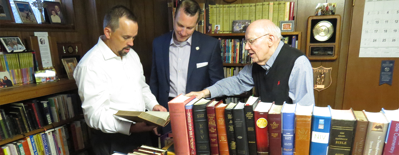Dr. Jason Lee, dean of the School of Biblical and Theological Studies at Cedarville University, Dr. Thomas White, president of Cedarville University, and Dr. Warren Wiersbe, prolific author, former Moody Church pastor, and Back to the Bible radio preacher