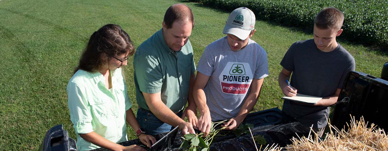 Dr. Robert Paris and students on soybean research farm