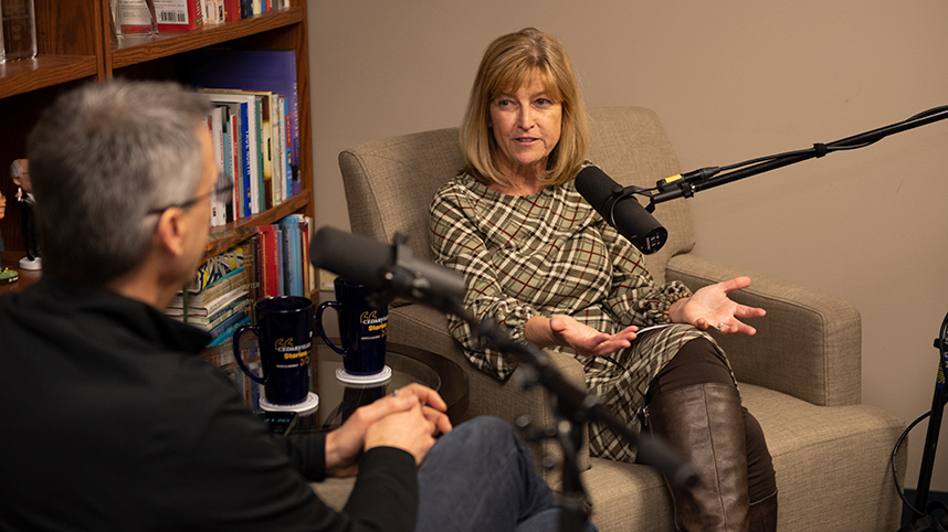 Dr. Angie Mickle during the recording of the Cedarville Stories podcast