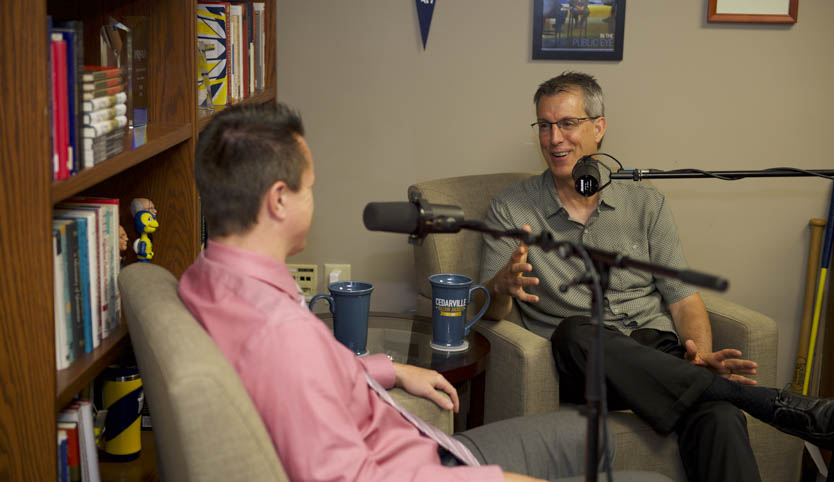 Mark Weinstein recording the Cedarville Stories Podcast