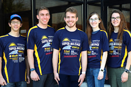 Students Michael Winter, Lukas Knoerr, Josiah Hirschler, Madeleine Chairvolotti and Sarah Kepner delivered the oral presentation for Cedarville’s 2021 SAE Supermileage team.
