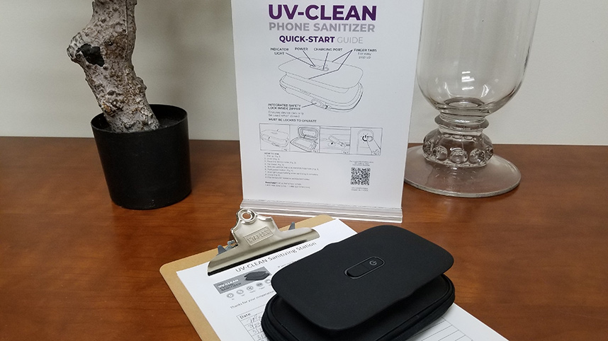 UV Sanitizing box and explanatory info card