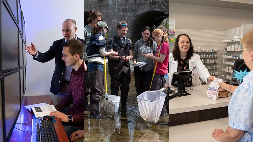 students learning in cyber security and environmental science and a pharmacy student serving at a pharmacy