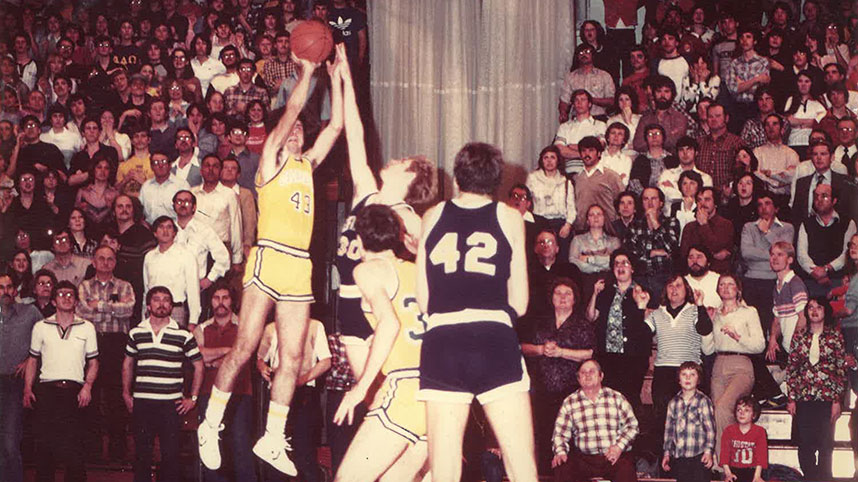 Mark Womack puts up the game winner against Defiance College on March 4, 1981, that sent Cedarville to the NAIA national tournament
