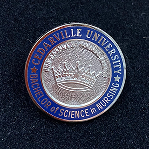 The pin that will be given to graduating nursing seniors at the school of nursing pinning ceremony.