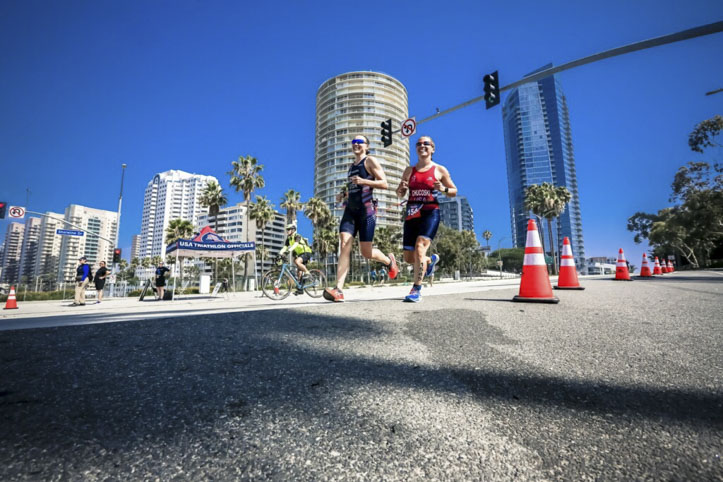 Chucoski with her guide, Ericka Hachmeister, during the running portion of a paratriathlon.