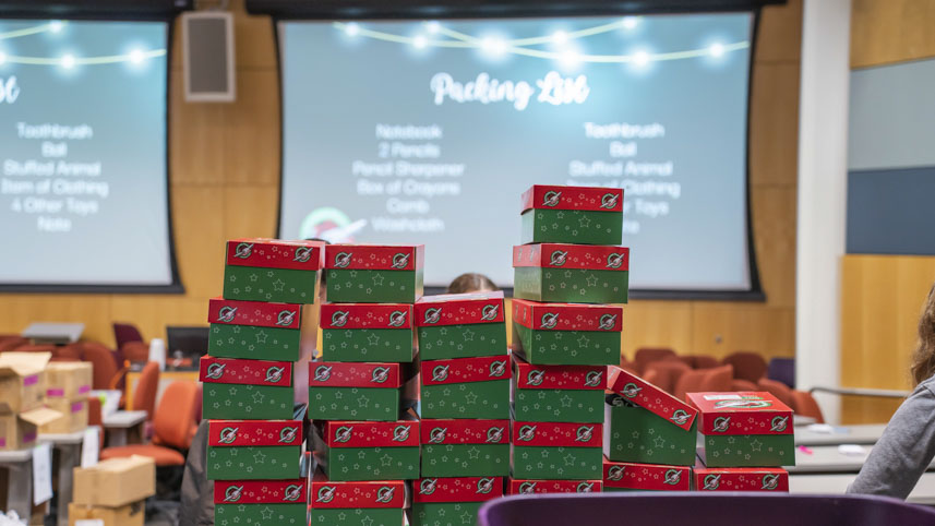 Shoeboxes being packed for children overseas