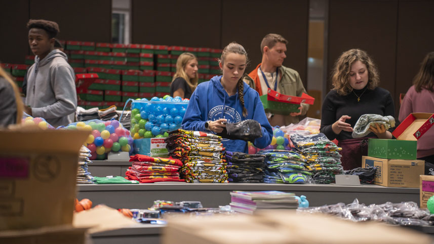 Students at the operation Christmas Child packing party