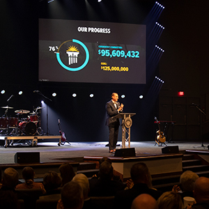 Dr. White pausing during his State of the University address on October 1 to acknowledge that almost 96 million dollars had already been raised for One Thousand Days Transformed The Campaign for Cedarville