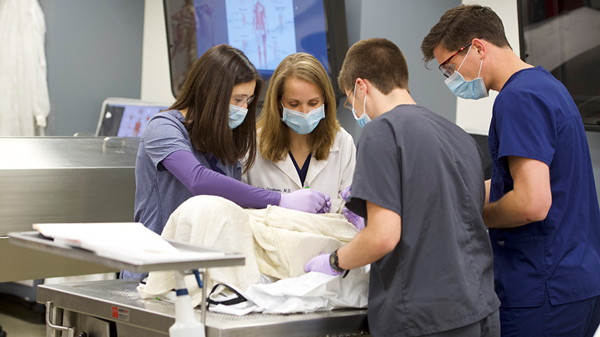 Dr. Melissa Burns guides students during a dissection in the cadaver lab