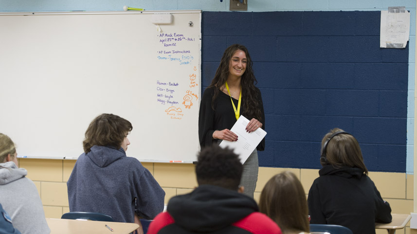 Maddie Schaffer teaches her students in an area school as part of her student teaching experience last year.
