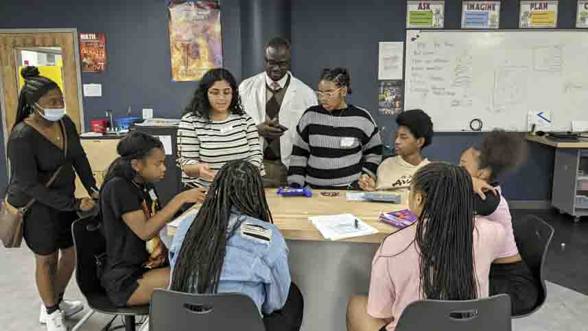 edarville University students in pharmacy, nursing and athletic training teaching high school students about the health professions at the Dayton Early College Academy (DECA).