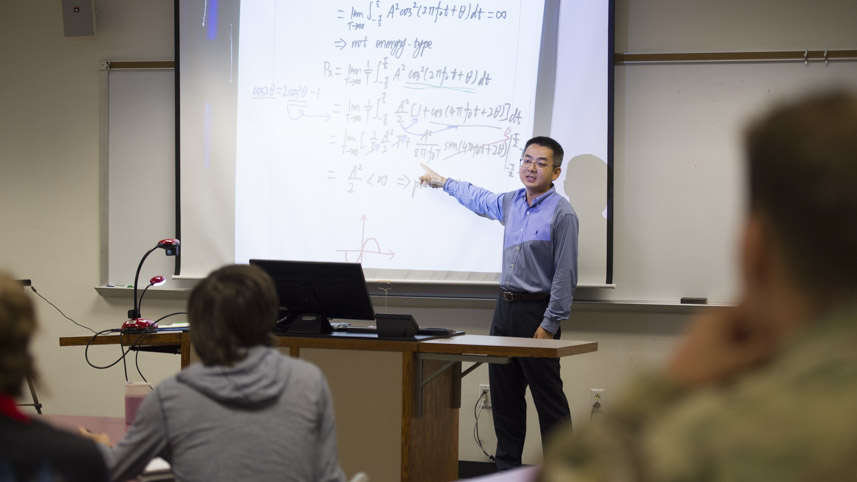 Dr. Yuan Meng points out something on the board to students in his linear systems class. It is Meng’s first year at Cedarville.