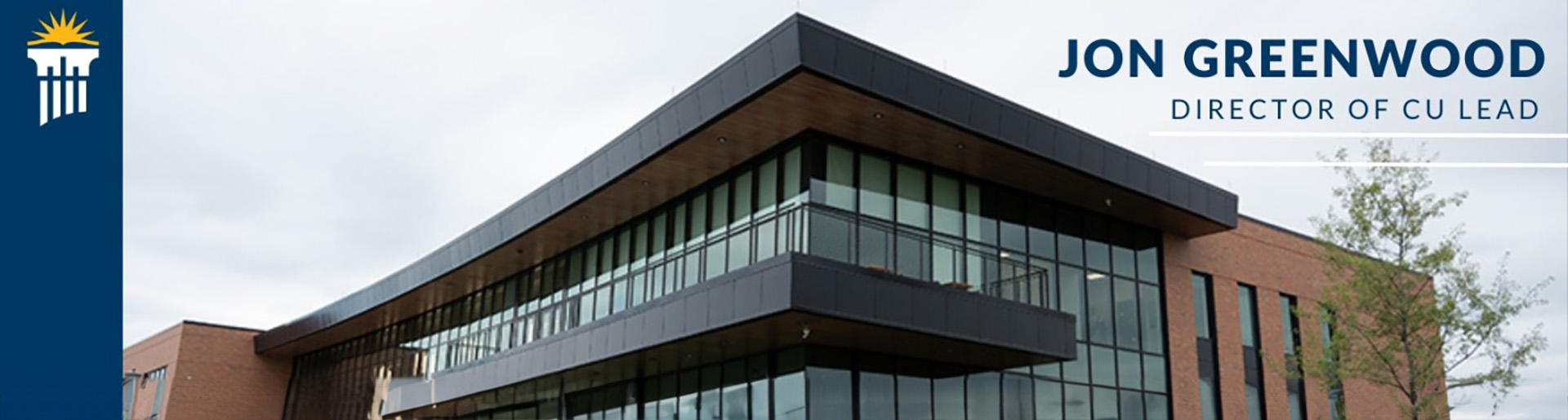 Scharnberg Business and Communication building on the campus of Cedarville University with CU logo and Jon Greenwood&#39;s name.