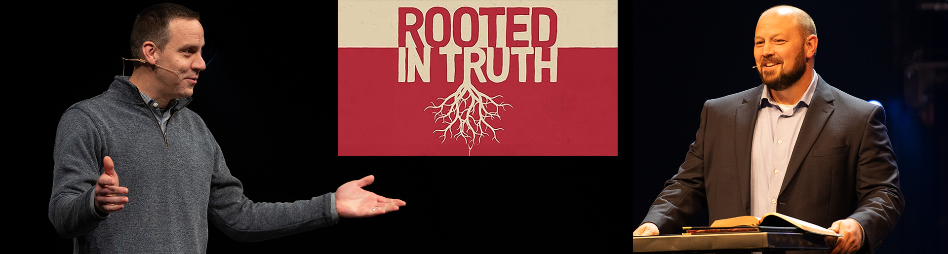 Dr. Jon Wood and Dr. Trent Rogers with the cover of their book, &quot;Rooted in Truth.&quot;