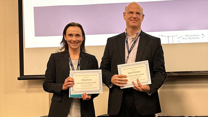 Dr. John Delano and Professor Alina Leo receive a Best Paper Award at the 2025 national conference of the Christian Business Faculty Association.