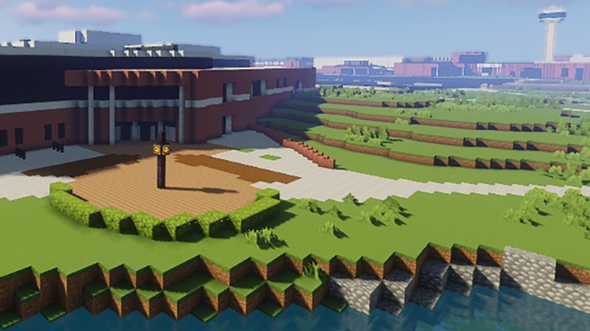Minecraft image of the SSC and campus of Cedarville University.