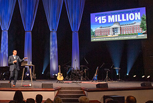 Dr. Thomas White updates the campus community on Cedarville's largest ever giving campaign.