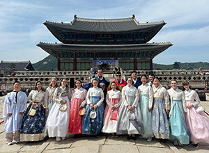 Cedarville University students dressed in traditional Korean clothing while studying abroad in Seoul, South Korea.