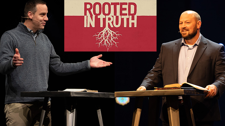 Dr. Jon Wood and Dr. Trent Rogers with the cover of their book, "Rooted in Truth."