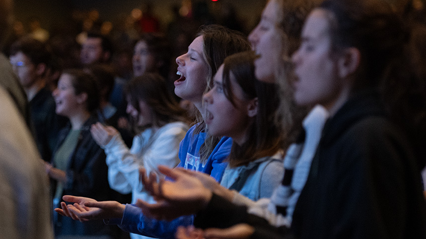 Students worshiping in Cedarville University chapel service.
