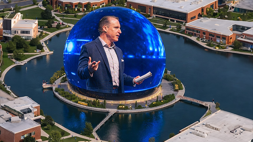 AI rendering of the Cedarville Sphere with Dr. White preaching projected on the exterior.