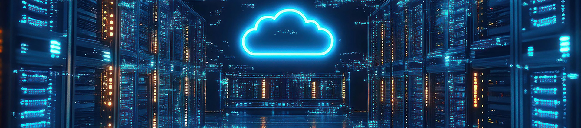 A server room with a neon cloud symbol.