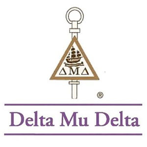 Delta Mu Delta logo and key.