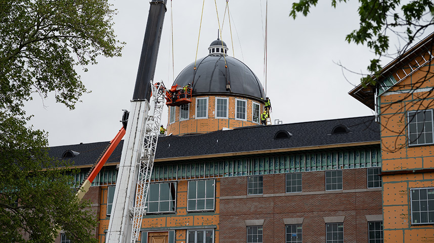 The dome being installed on the Bolthouse Academic Center at Cedarville University.