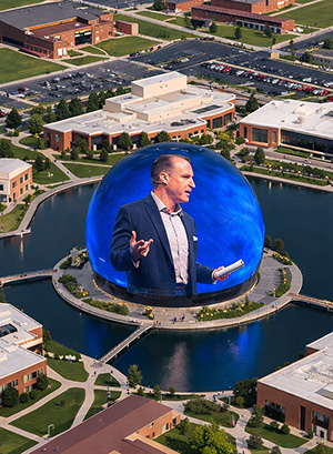 AI rendering of the Cedarville Sphere with Dr. White preaching projected on the exterior.