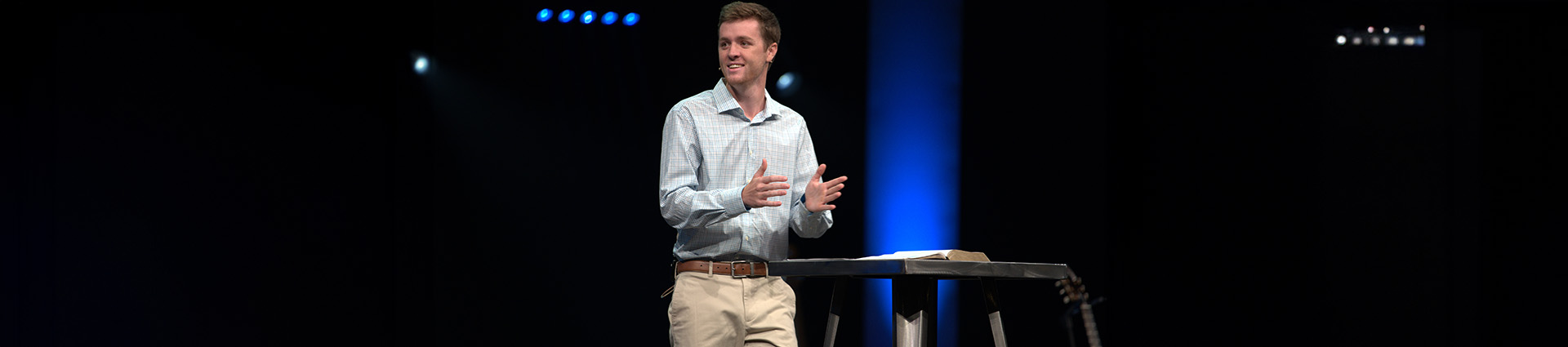 Fletcher Colgan preaching in the Cedarville University chapel.