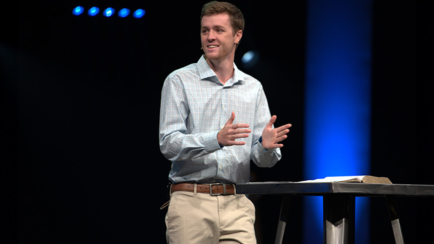 Fletcher Colgan preaching in the Cedarville University chapel.