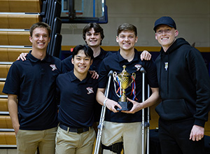 Five men who serve as leaders for Cedarville's basketball ministry pose for a photo.