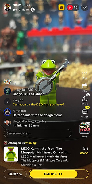 A screenshot from a livestream selling a Kermit the Frog LEGO minifigure.