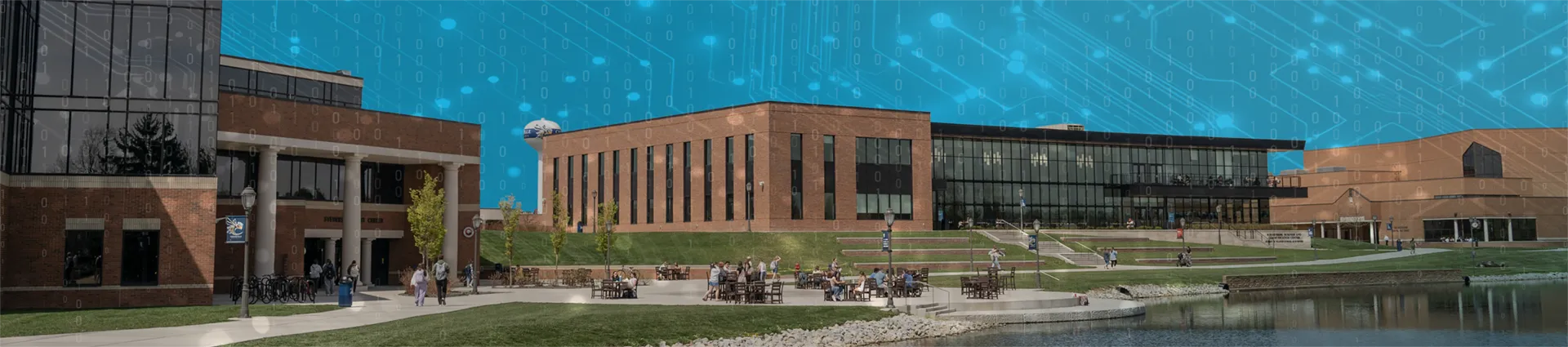 The Scharnberg Business and Communication Center on the campus of Cedarville University with a computer web overlay.