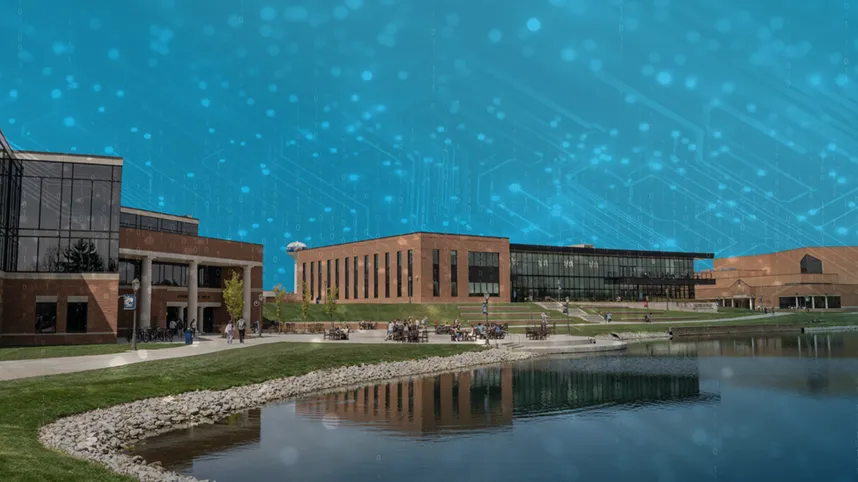 The Scharnberg Business and Communication Center on the campus of Cedarville University with a computer web overlay.