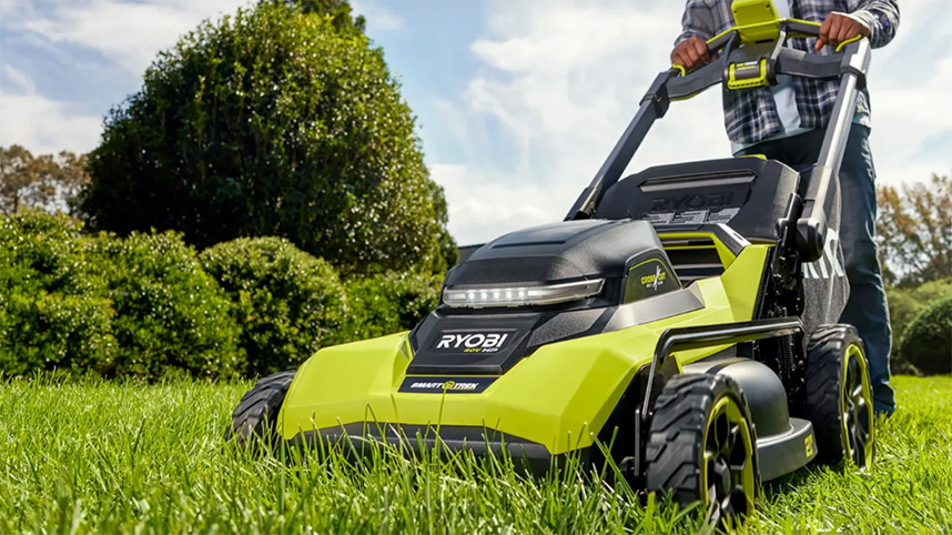 Close up image of an electric lawn mower.