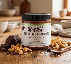 A jar of sea salted chocolate nut butter made by Nutty Novelties.