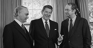 Former Senator Phil Gramm in the Oval Office with President Ronald Reagan.