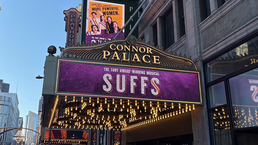 The marquee of the Connor Palace in Cleveland, Ohio advertising the musical "Suffs."